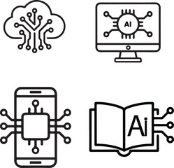 Artificial Intelligence and Computing Technology Line Icons Set