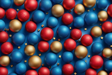 A flat lay of festive holiday ornaments, featuring red, blue, and gold spherical decorations with small square glitter pieces.