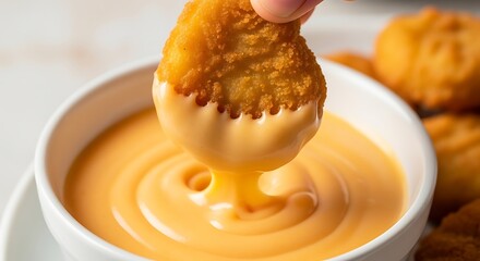 Crispy golden chicken nugget being dipped into a bowl of creamy cheese sauce.