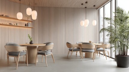 Fototapeta premium Scandinavian cafe interior with wooden furniture and minimalist natural lighting
