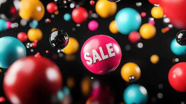 Colorful sale concept with vibrant spheres floating against a black background, creating a dynamic composition