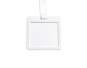 Blank white ID badge with lanyard against black backdrop