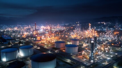 Fototapeta premium Large oil refinery and storage tanks illuminated at night