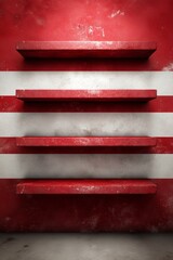Four red shelves mounted on a textured red and white striped wall, offering a striking design element.