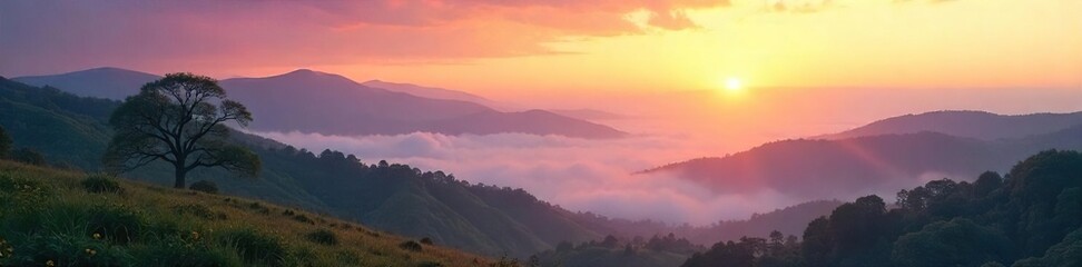 Obraz premium Serene Dawn Landscape Misty Hills and Tranquil Valley at Sunrise, Peaceful and Calm Nature Scene
