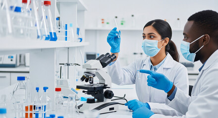 Two scientists working and collaborate in a lab, examining a test tube and using a microscope