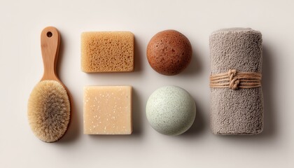 Pamper Yourself With Spa Accessories: Nut Scrub, Sponge, Facial Brush, Natural Soap, Clay Face Mask, Pumice Stone, Essential Oil. Top View Of Healthy Beauty And Skin Care.