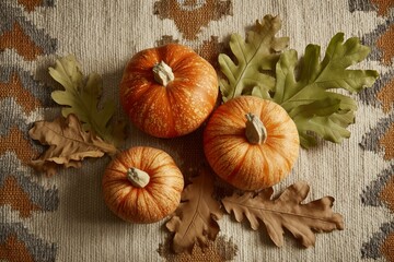 A seasonal arrangement featuring three vibrant orange pumpkins surrounded by colorful fall leaves on a textured surface.