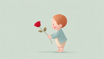 Adorable Baby Boy Spreading Love On Valentine'S Day With A Sweet Gesture - A Red Rose Gift From The Heart!