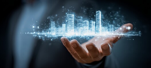 Hand is holding a cityscape in the air. Concept of wonder and awe at the vastness and complexity of urban life