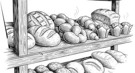 Bakery display with freshly baked assorted bread in store or bakery engraving sketch hand drawn style black and white vintage illustration vector svg.