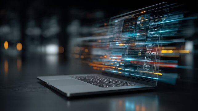 Laptop screen shows a blurry image of a computer screen with a lot of lines and colors. Concept of motion and energy