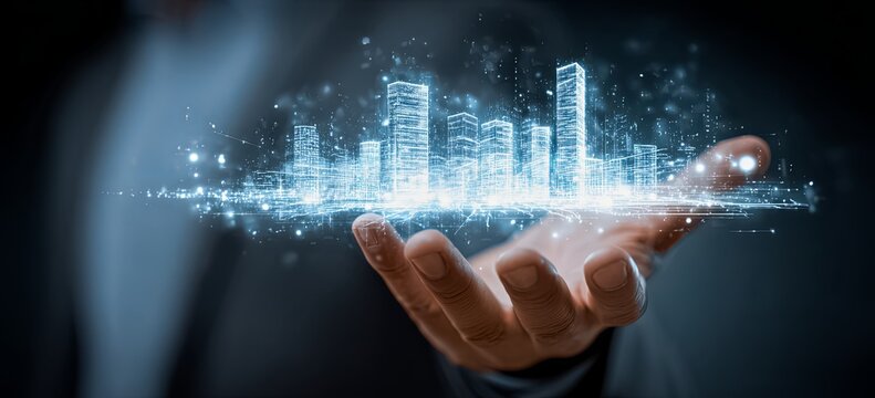 Hand is holding a cityscape in the air. Concept of wonder and awe at the vastness and complexity of urban life