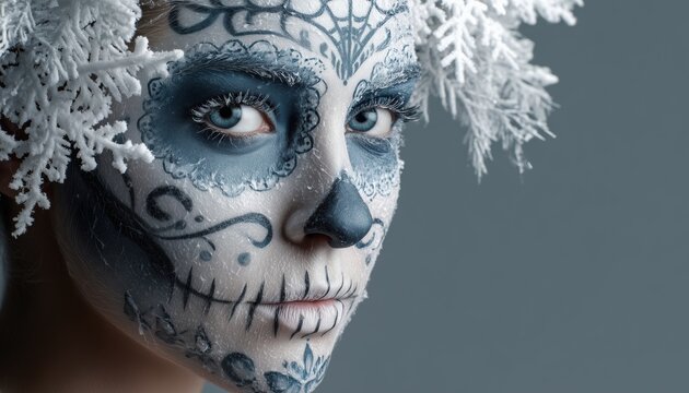 Stunning Winter Makeup Look: Sugar Skull Inspired Beauty Model With Ice And Santa Muerte Theme. A Gorgeous Transformation For Winter!