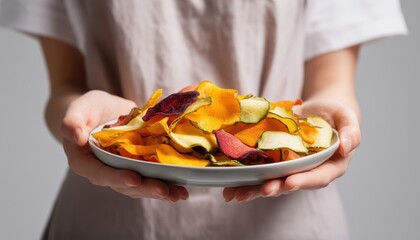 Woman Showcasing A Plate Of Crunchy Vegetable Chips In Nature: A Veggie Snack As A Healthy Alternative To Proper Nutrition With Dehydrated Vegetables.