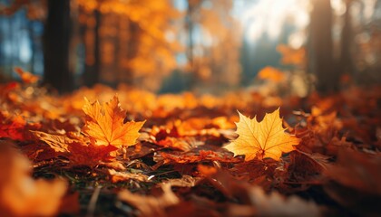Stunning Autumn Scene With Orange And Yellow Maple Leaves Blanketing The Ground In Sunlight. Blurry Forest Background In Autumn Landscape.