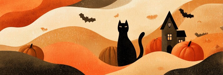 A whimsical Halloween scene featuring a black cat, pumpkins, bats, and a haunted house in warm autumn colors.