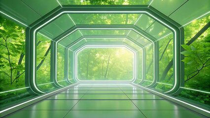 Futuristic green glowing tunnel leading to a bright sunlit forest scene