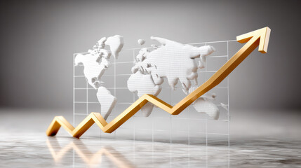 Golden upward arrow rising across transparent world map with investment growth concept and reflective marble surface