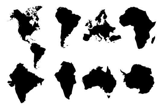 Continent Map Icons. Solid, filled icon set of continent maps: Africa outline, Asia outline, Europe outline, North America outline