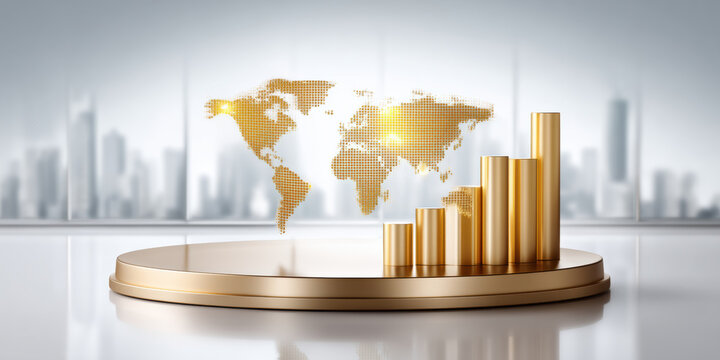 Golden financial podium with rising bar chart and world map symbolizing global investment growth and success in corporate finance - Powered by Adobe