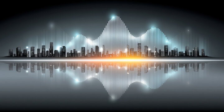 Investment skyline glowing city reflection with soundwave light curve and futuristic urban technology vibe