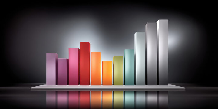Colorful bar chart on glossy surface showing investment growth and financial progress with modern gradient columns reflecting optimistic mood