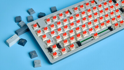 Disassembled Mechanical Keyboard With Red Switches On Blue Background, Exposed Circuitry