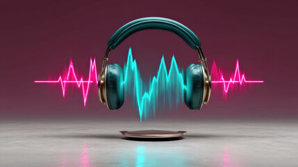 Floating teal headphones with neon audio waveform symbolizing investment in creative sound design and modern music listening experience