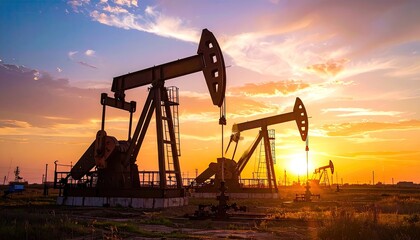 Oil pumpjacks operating in a field during a vibrant sunset.