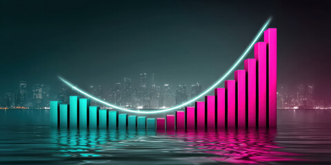 Neon bar chart financial growth investment upward trend teal and magenta city skyline reflection data visualization modern 3d