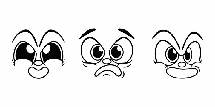 Cartoon face with facial expressions, cute emoji faces, comic character reaction, emotions icons, funny eyes and mouth elements for animation, stickers. Vector vintage mascot isolated set