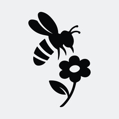 Silhouette honeybee flying towards flower nectar black and white vector illustration