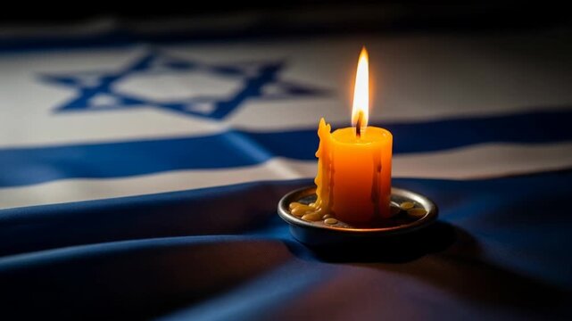 candle burning against Israel flag with star of David. Memorial Day. Independence Day of Israel, National mourning, Hanukkah, Passover, Shavuot, Yom Kippur holiday - Powered by Adobe