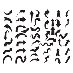 This image displays a collection of diverse black arrow icons. They vary in shape, size, and direction, including straight, curved, pointed, and even some with looping tails. The arrows are presented 