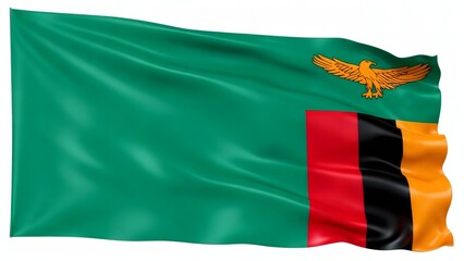 Photorealistic image of the flag of Zambia with a green field and three vertical stripes on the right side, featuring an orange eagle above the stripes. Isolated on a white background.
