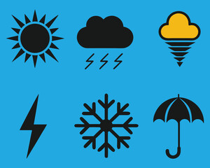A collection of black weather forecast icons on a blue background including sun, rain, storm cloud, lightning, snowflake, and umbrella.