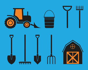 Essential farm and garden tools collection featuring a tractor, barn, shovels, rakes, a bucket, and pitchfork for agricultural work.