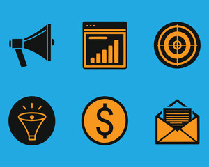 Essential marketing and business strategy icons for promotion, web analytics, target audience, sales funnels, revenue generation, and effective email communication.