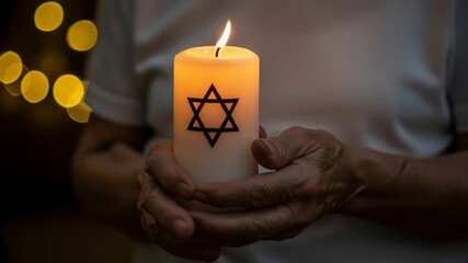 Person holding a candle adorned star of David. Independence Day of Israel, Memorial Day. Soft bokeh lights background. National mourning, Hanukkah, Passover, Shavuot, Yom Kippur holiday