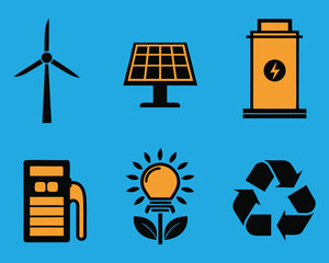 Renewable energy and sustainability icons wind, solar, battery, electric vehicle charging, green power, and recycling symbol.