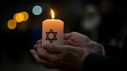 Person holding a candle adorned star of David. Independence Day of Israel, Memorial Day. Soft bokeh lights background. National mourning, Hanukkah, Passover, Shavuot, Yom Kippur holiday - Powered by Adobe