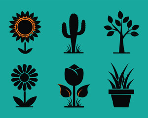 Six minimalist black plant silhouettes: sunflower, cactus, tree, daisy, rose, and potted houseplant on a vibrant teal background.