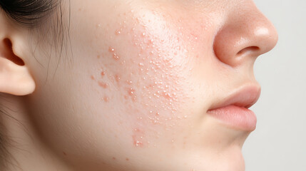 Close-up view of facial skin showing uneven texture and bumps, highlighting common skin conditions and concerns.