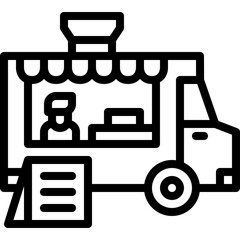 Outline Drawing of a Food Truck with a Vendor Serving Food and a Menu Stand Outside on a Transparent Background