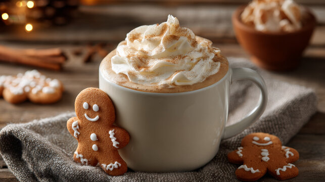 Christmas gingerbread latte with whipped cream and cinnamon spice cozy cloth with gingerbread cookies creating warm holiday