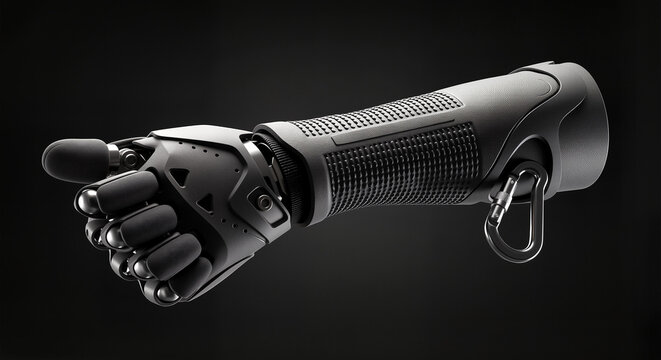 Prosthetic arm designed for climbers featuring textured rubber palm grip and built-in carabiner hook  