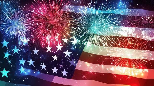 Festive fourth of july celebration with american flag and fireworks display in the night sky background
