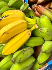 Green and yellow bananas arranged in a tray at a local market. Tropical fruit at different ripeness stages. Fresh, organic, and natural produce.