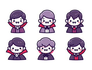 Cartoon Dracula Head Vector Set with Funny Expressions and Fangs